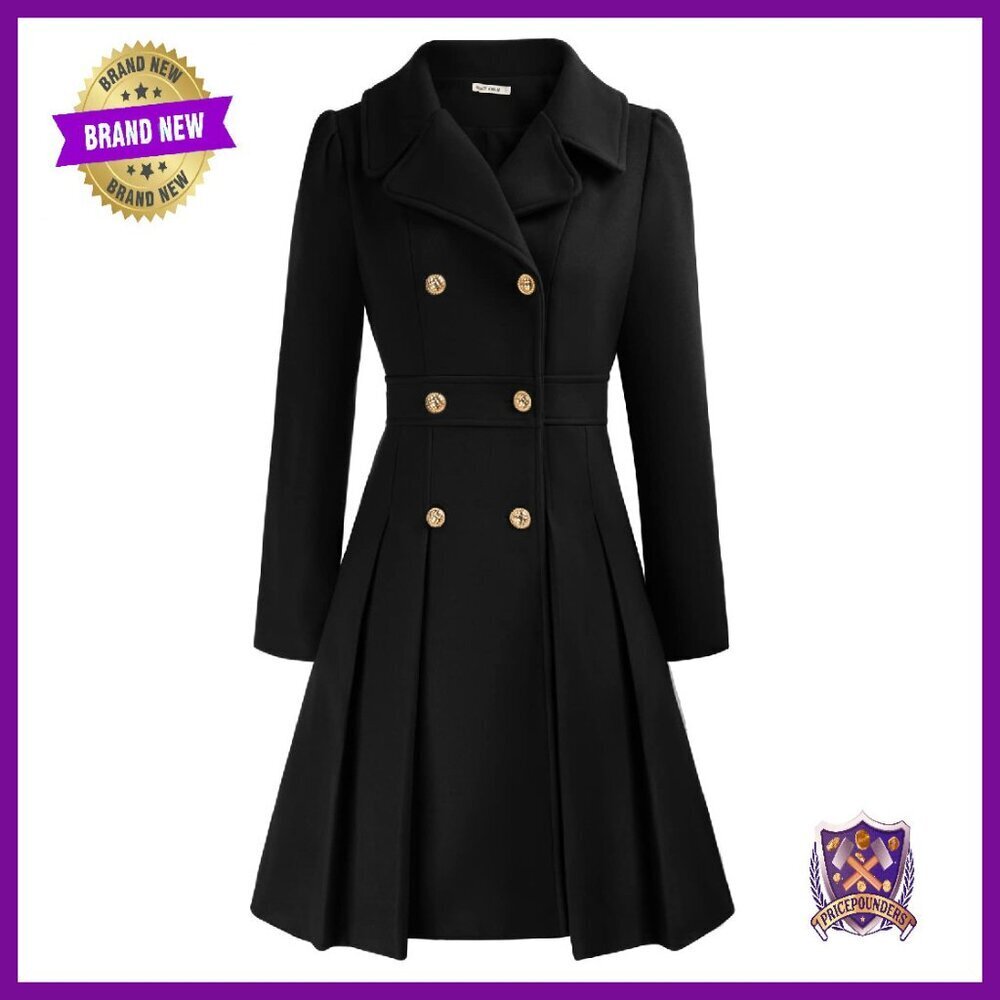 Knee-Length Trench Coat Double Breasted A-Line Pea Coat with Pockets